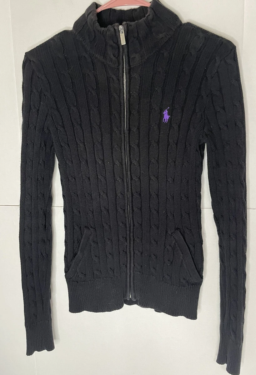 Ralph Lauren Sport Sweater Womens S Black Full Zip Cable Knit Pony Logo  Cotton