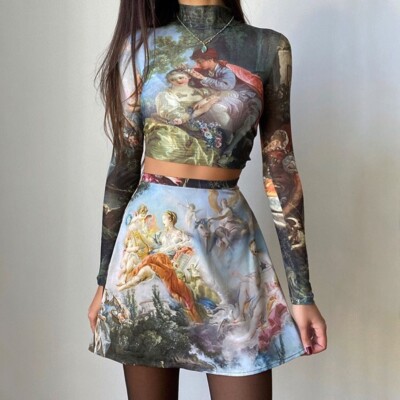 Renaissance Paint Print Two Piece Set Vintage Long Sleeve Crop Top Mini  Skirt - Main Image