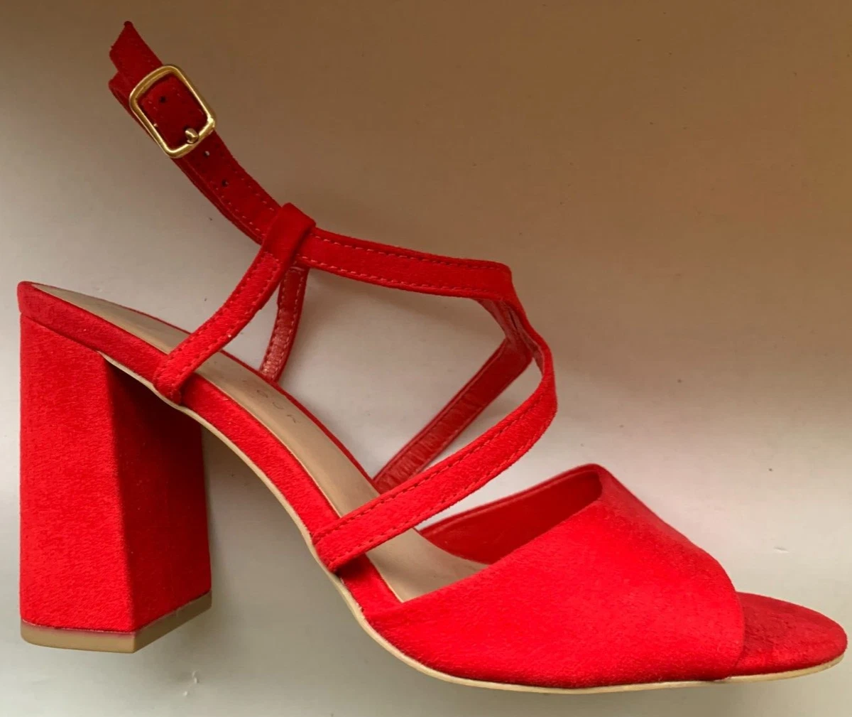 NEW LOOK RED SUEDE STRAPPY OPEN TOE SANDAL 8cm BLOCK HEEL SIZE 5 WIDE FIT