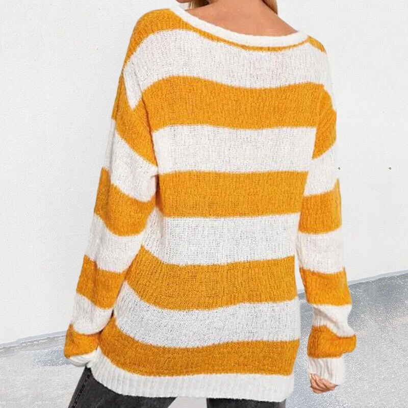 Nuevo Suéter a Rayas Cuello Redondo Manga Larga Tejido Top Moda Para Mujer Suéter Foto 4 de 4