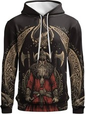 3D Viking Odin Hoodie Norse God Warrior Print Pullover Mythic Nordic Sweatshirt