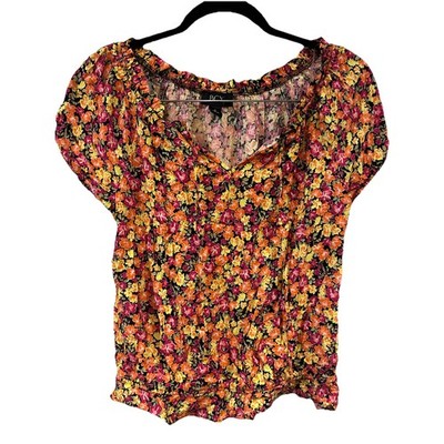 NWT BCX Small Floral Women's Blouse Top ruffled neckline elasticized waist. 