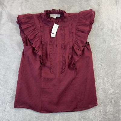 LOFT Blouse Womens Extra Small Red Plum Swiss Dot Texture Keyhole Front Closure