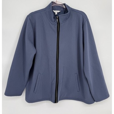 Coral Bay Womens Blue Textured Chevron Zip Up Mock Neck Jacket Plus z 2X