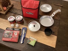 Vintage Sterno Camping Cooking Kit With Folding Stove/fuel/pots Pans NEW