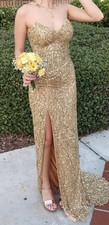 Gold Sequin Strapless Formal Prom Gown with Slit