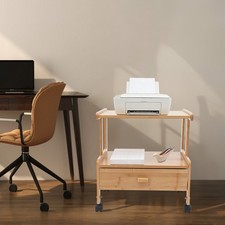 2 Tiers Mobile Printer Shelf with 4 Wheels Bamboo Modern Storage Stand Log Color