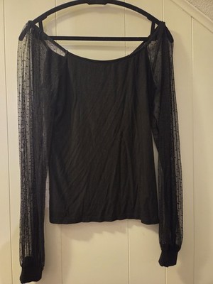Ribbed Off Shoulder Top L Sheer Sleeve Swiss Dot Witchy Goth Sexy Party Date Emo