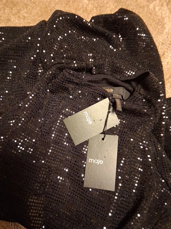 Top tejido para mujer Maje Lilexis brillo cuello falso talla FR 2 US M NUEVO CON ETIQUETAS Foto 3 de 4