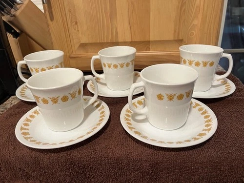 Set Of 5 Vintage Corning Ware Corelle Butterfly Gold Coffee Tea Cups & Saucers
