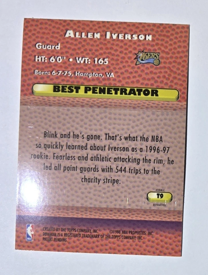 1997 Bowman's Best Techniques Allen Iverson #T9 refrator atômico - Imagem 2 de 2