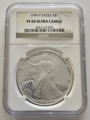 1995 P American Silver Eagle PF 69 Ultra Cameo NGC Graded 1 OZT .999 Fine Silver