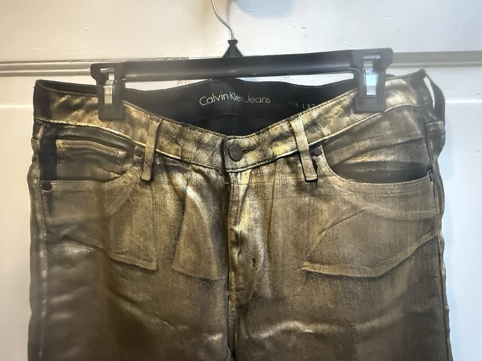 Calvin Klein Men’s Unicorn Rare Gold Metallic Ultra Skinny Jeans Size W33 L32 - Image 2 of 4