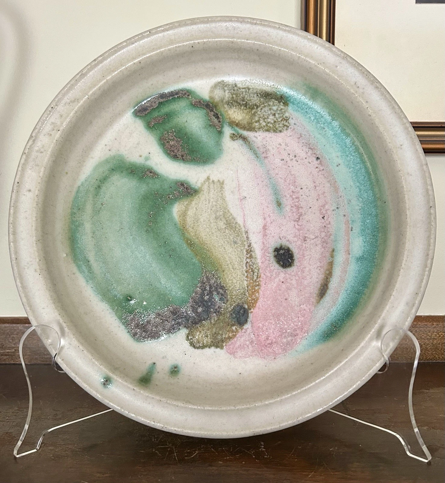 Handcrafted Pottery 10 1/4” pie plate/serving dish, Signed “Joe Bag O’Donuts”