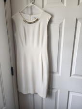 Calvin Klein White Solid Sheath Dress Sleeveless Round Neck Chain Knee Zip M