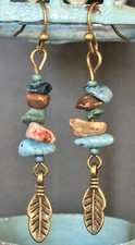 Little Bronze Feather with Colorful Mixed Gemstone Bead Earrings. Boho Chic.