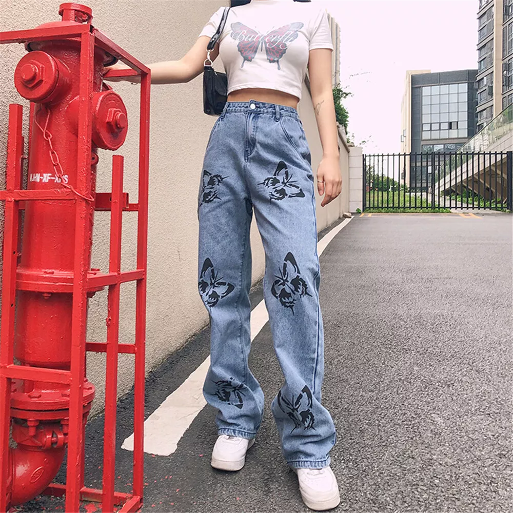 Women High Waist Baggy Jeans Denim Pants Casual Stretch Print Trousers