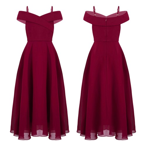 Kids Girls Gown Graduation Dress Prom Chiffon A-Line Outfit Cold Shoulder Event - Picture 6 of 74