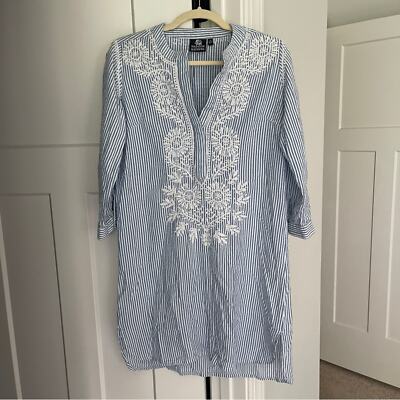 Madison Mathews Blue White Seersucker Dress Embroidered XS Floral | eBay