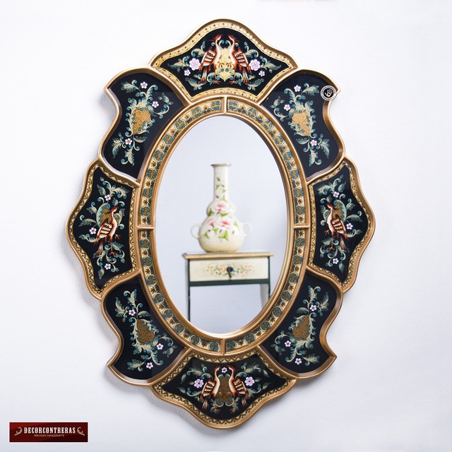 Peruvian Wall Oval Mirror Decorative Black For Painting On Glass