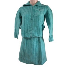 Vintage 1960's Hand-Knit Sweater Skirt Set Turquoise XS to S