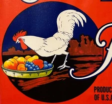 Vintage 1930s Our Pick Crate Label, Large, Loomis, CA, Rooster Rustic Farm Decor