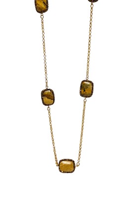 Picture Jasper Brown Rectangle Station Necklace Rhinestone 36  Gold Tone GUC