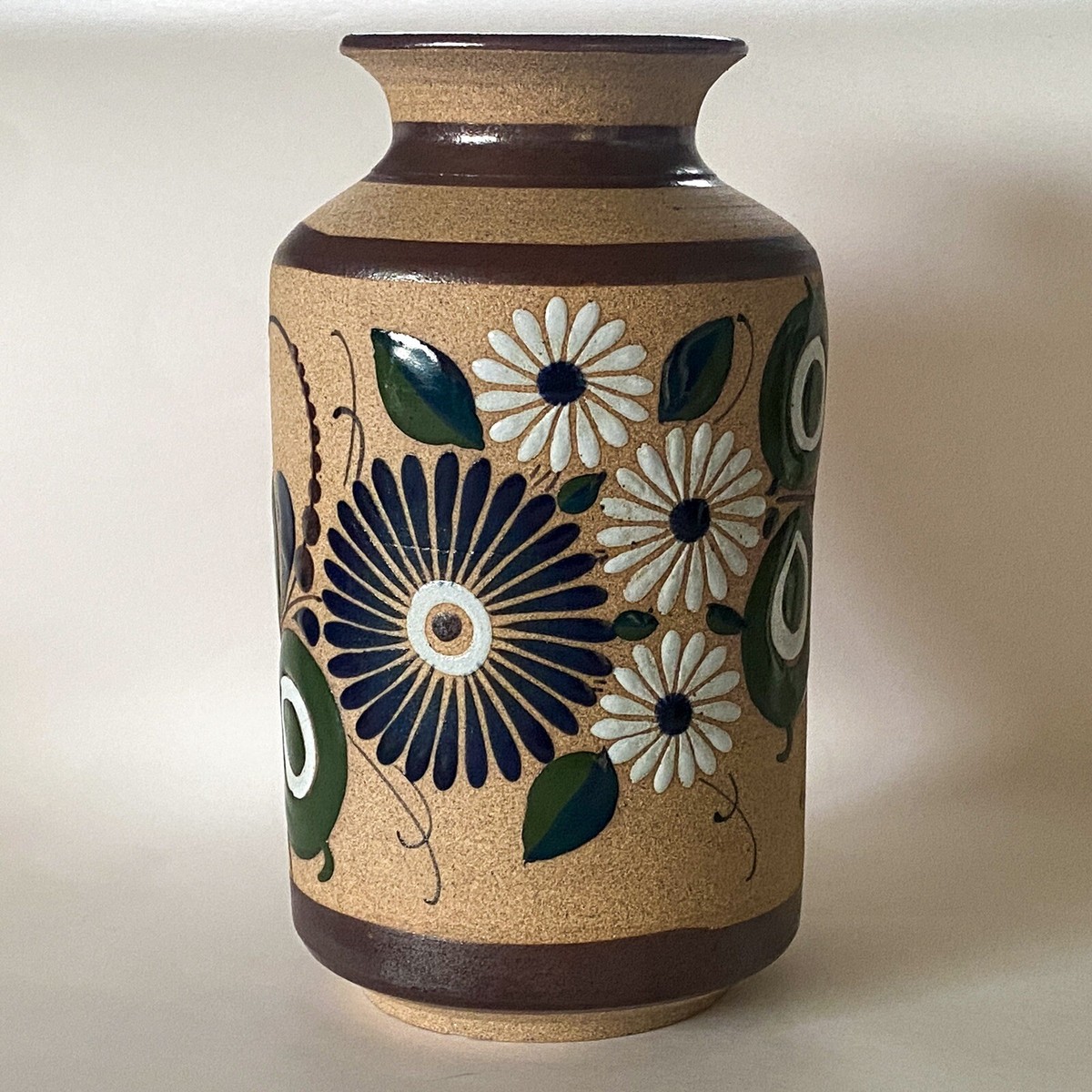 Vtg Tonala Tacat Sandstone Pottery 8” Vase Floral Boho Signed