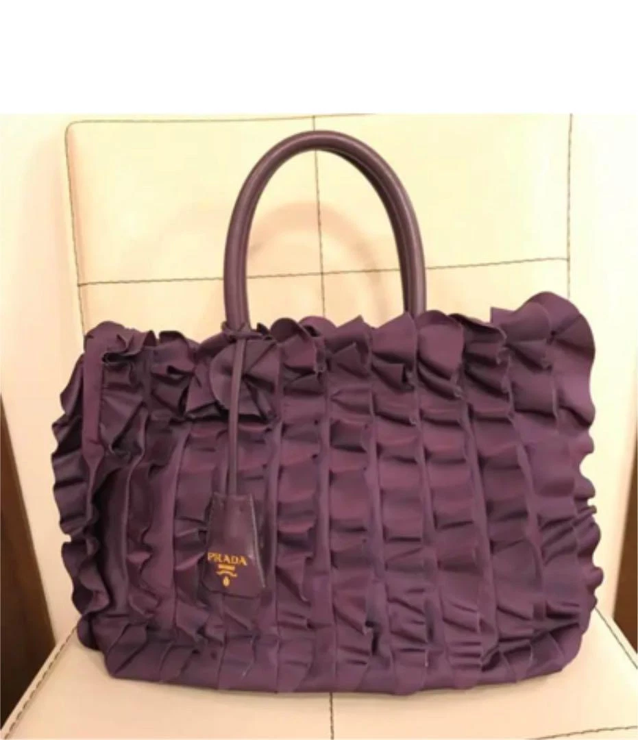 PRADA Nylon and Leather Ruffle Frill Handbag Tote Bag Purple Gold Hardware  Logo