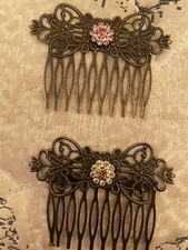  2 Pink crystal flower Vintage Bronze Victorian Filigree Small Hair Combs