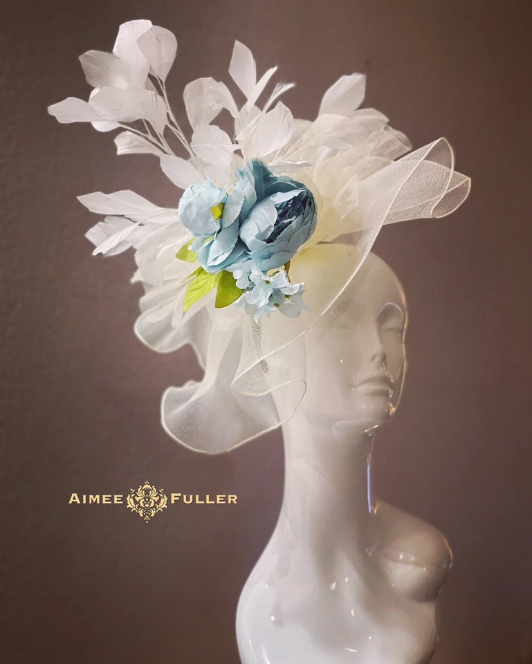 Royal Ascot Fascinator Kentucky Derby Hat Off White Cream Light Blue Easter Hat - Image 2 of 4