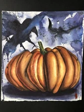 Watercolor illustration, Pumpkin And Raven, Pumpkin Autumn Halloween Decorations