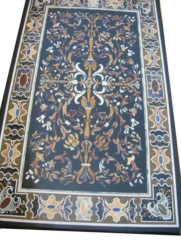 54-inch Black Marble Dining Table Top with Handcrafted Pietra Dura Artwork