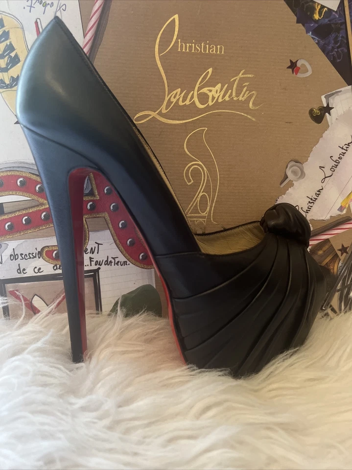 Christian Louboutin Black Leather Lady Gres Knotted Peep Toe Pumps Size 7 - Image 3 of 4