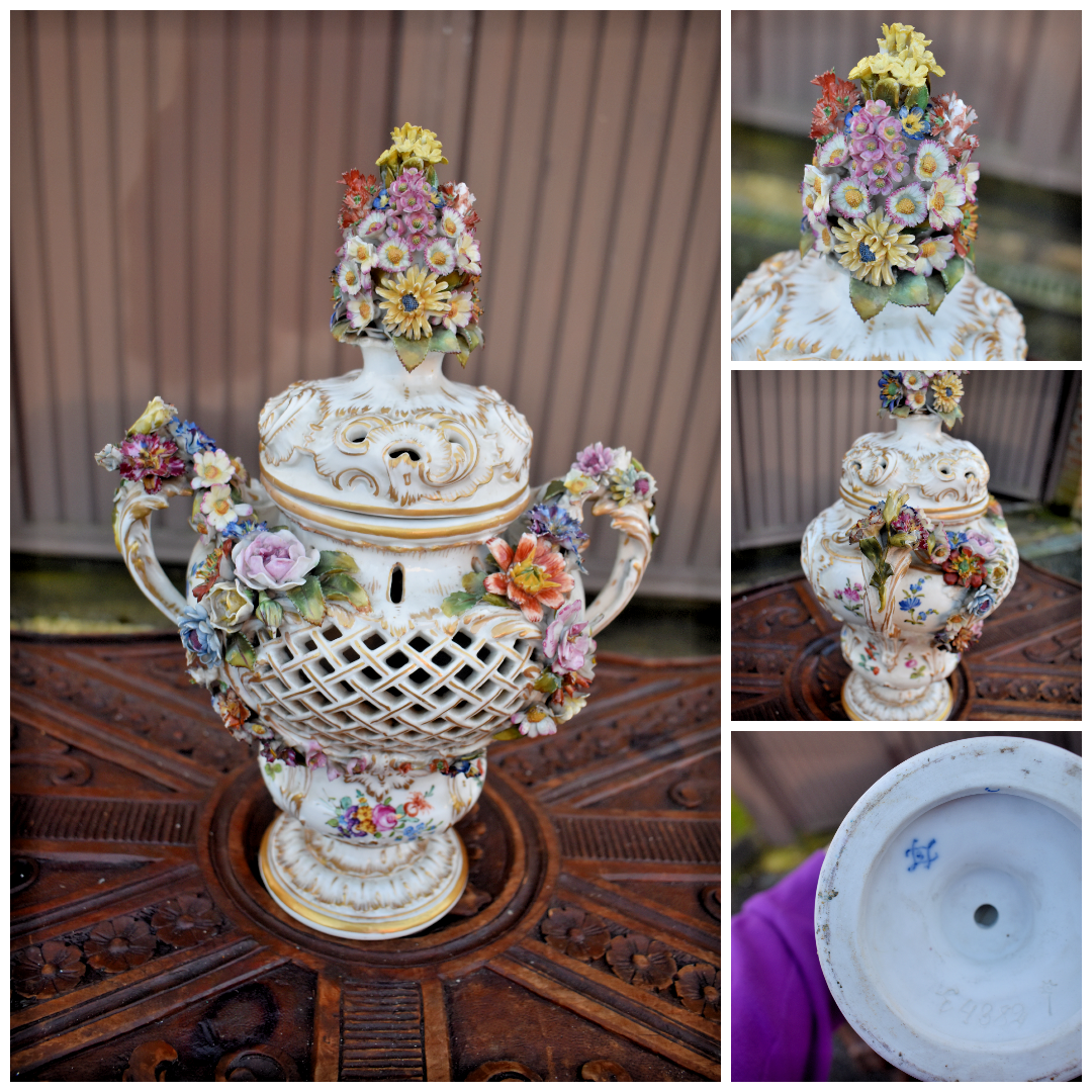 Antique porcelain Potpourri vase relief floral decor attr. jacob