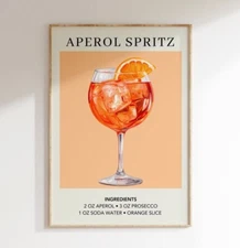 Aperol Spritz Cocktail Art Print Retro Minimalist | Bar Cart Kitchen Wall Decor