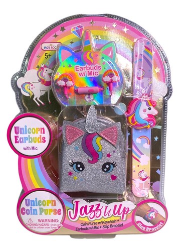 Unicorn Earbuds w/Coin Purse, Keychain, Mic, & Slap Bracelet Set New NIP Sparkle - Picture 2 of 9