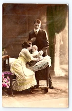 Edwardian Family in a Sweet Embrace 1910 Italy Tinted Studio RPPC, Christening