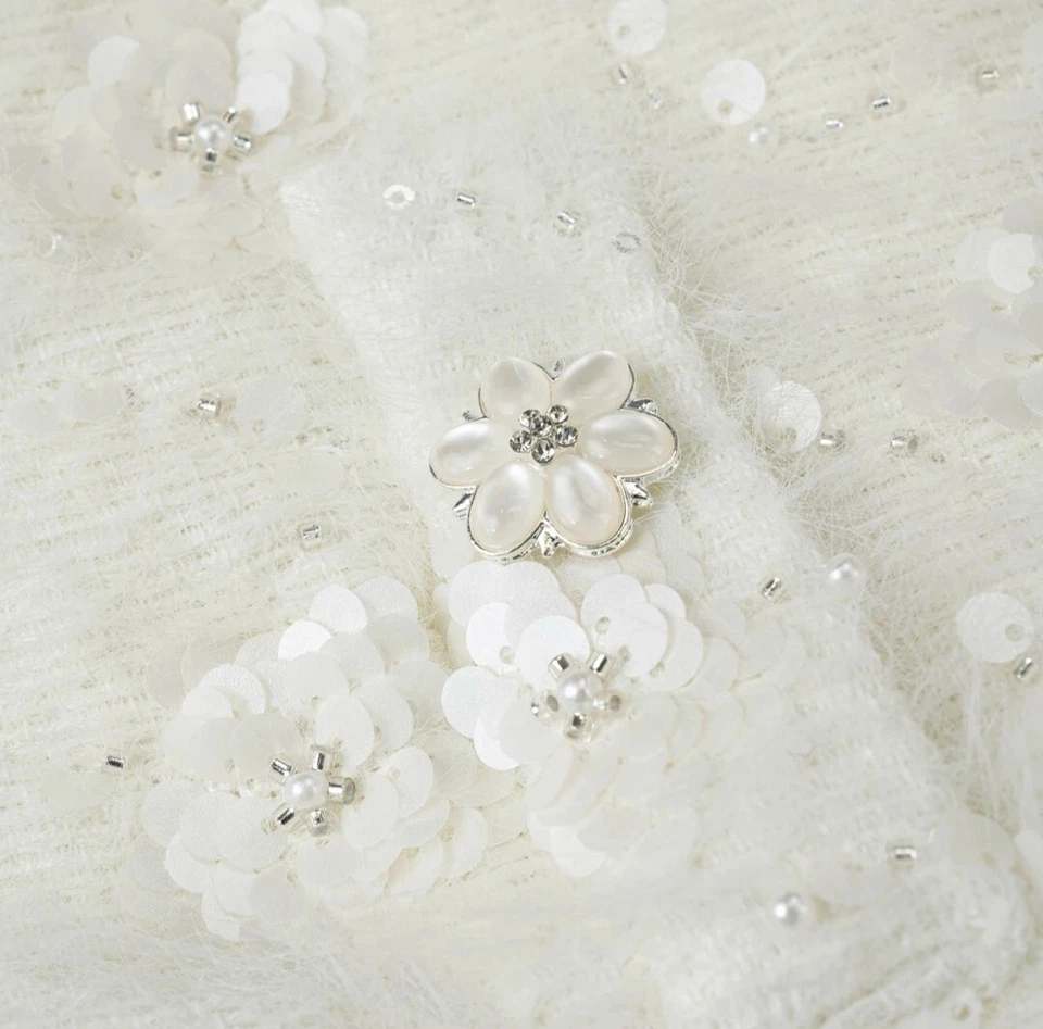 Chaqueta Blanca Ultra Suave Hecha a Mano Tweed Boucle Con Lentejuelas Florales Talla M (uk8-10) Foto 3 de 4