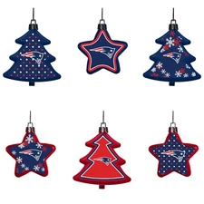 New England Patriots Shatterproof TREES & STARS Christmas Tree Ornaments 6 pack