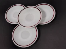 Set of 4 Pyrex Tableware White with Ruby Red Band Saucers 5 7/8 Milk Glass”