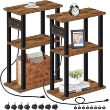 Small Narrow Side Table W/Charging Station Set of 2 Skinny End Table Nightstand