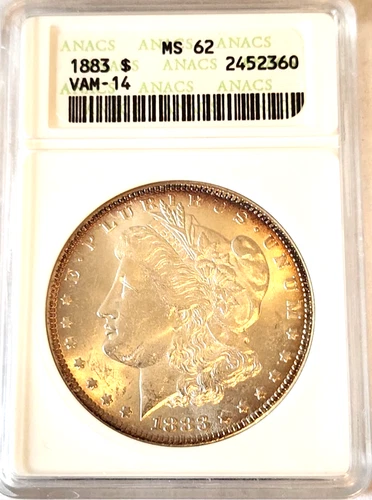 1883 P VAM-14 MORGAN SILVER DOLLAR ANACS MS 62 RIM TONING