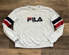 VTG FILA Logo Spellout Womens Sweatshirt Sz M Baby Blue Striped Crewneck Sweater