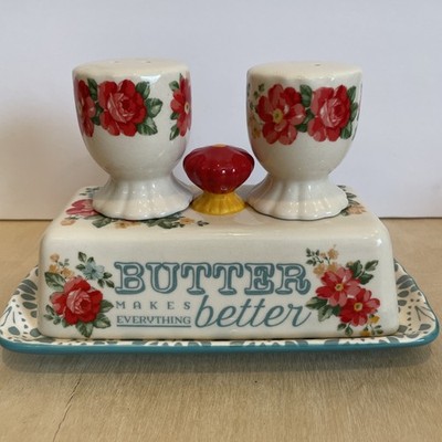 Pioneer Woman Vintage Floral ''Butter Makes Everything Better'' Dish & S+P Shakers