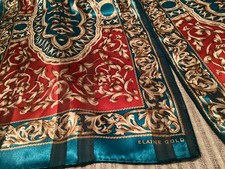 Elaine Gold Shiny Scarf French Scrolling Acanthus Rectangle Aqua Burgundy 11x52