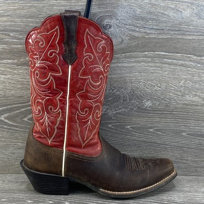 Ariat Ladies 9.5 B Cowboy Round Up Square Toe Brown & Red Leather Western Boots