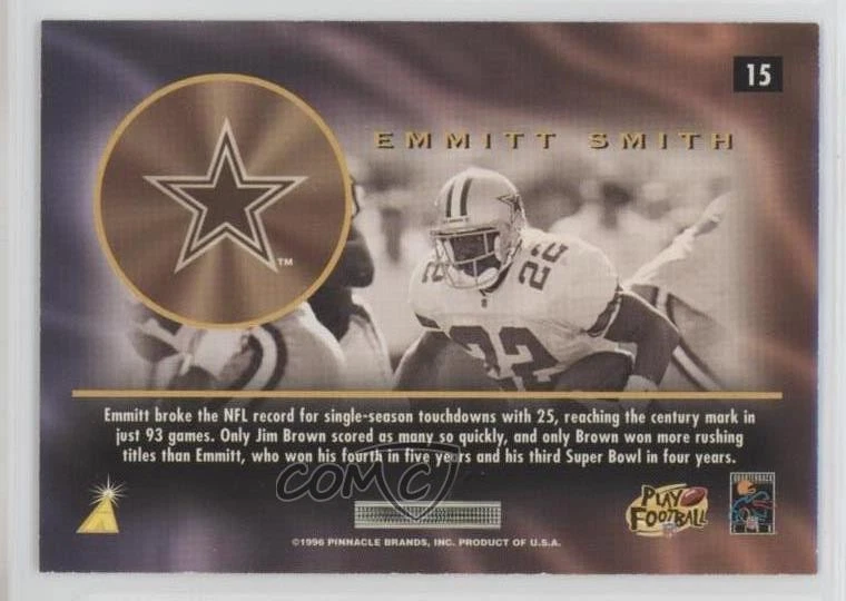 1996 Pinnacle Mint Collection Gold Emmitt Smith #15 HOF - Image 2 of 2