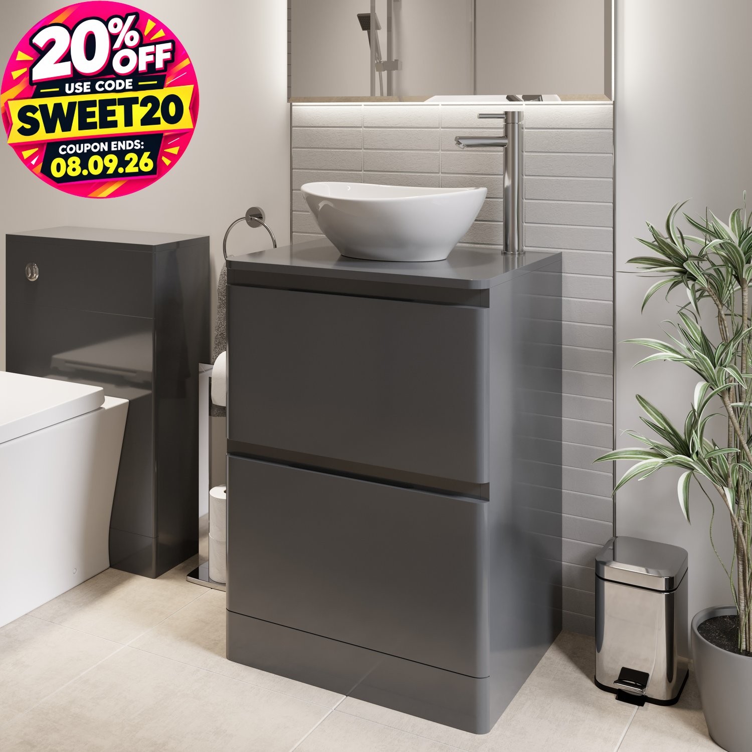 600mm Bathroom Countertop Vanity Unit Oval Basin Sink Freestanding Gloss Grey
