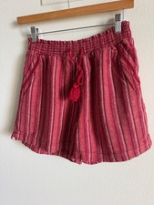 Briggs Womens Red Striped Linen Blend Pull On Shorts Tassel Tie Boho Sz Large
